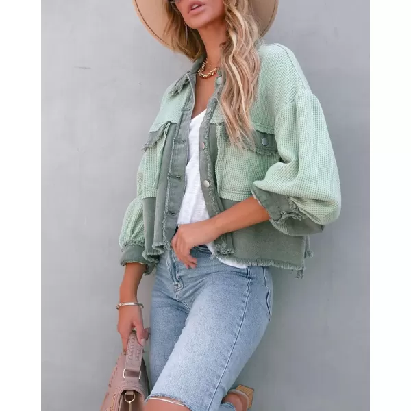 imagechouyatou Womens Frayed Waffle Knit Shacket Crop Denim Spliced Button Down Shirt Jacket TopsGreen