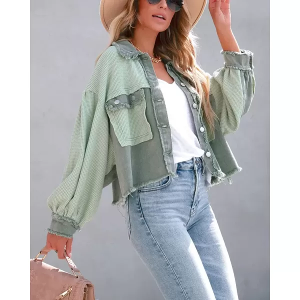 imagechouyatou Womens Frayed Waffle Knit Shacket Crop Denim Spliced Button Down Shirt Jacket TopsGreen