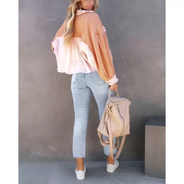 imagechouyatou Womens Frayed Waffle Knit Shacket Crop Denim Spliced Button Down Shirt Jacket TopsPink