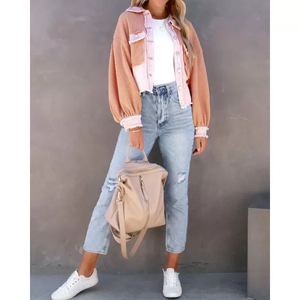 imagechouyatou Womens Frayed Waffle Knit Shacket Crop Denim Spliced Button Down Shirt Jacket TopsPink