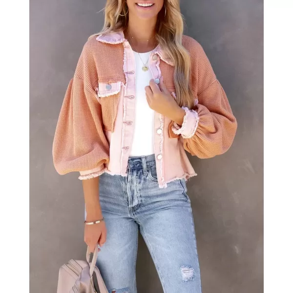 imagechouyatou Womens Frayed Waffle Knit Shacket Crop Denim Spliced Button Down Shirt Jacket TopsPink