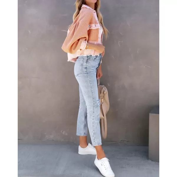 imagechouyatou Womens Frayed Waffle Knit Shacket Crop Denim Spliced Button Down Shirt Jacket TopsPink