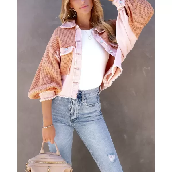 imagechouyatou Womens Frayed Waffle Knit Shacket Crop Denim Spliced Button Down Shirt Jacket TopsPink