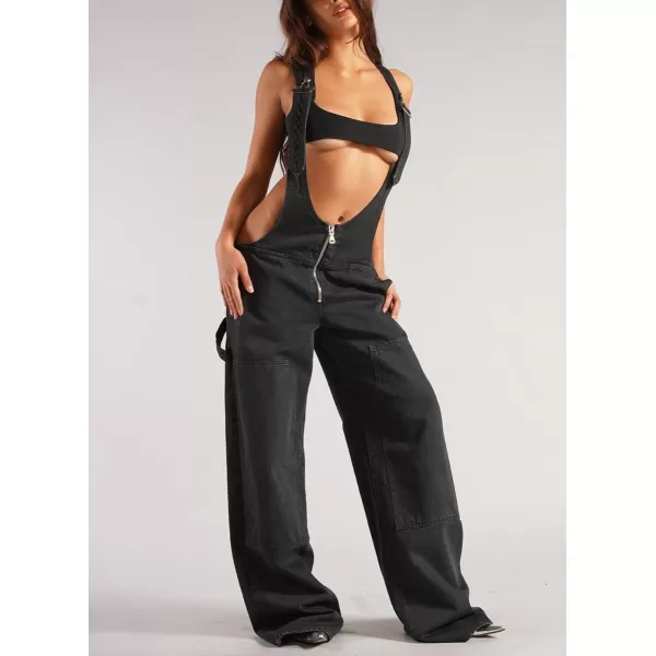 imagechouyatou Womens Sexy Adjustable Strap Denim Jumpsuit Casual Sleeveless High Waist Overalls Jeans PantsBlack