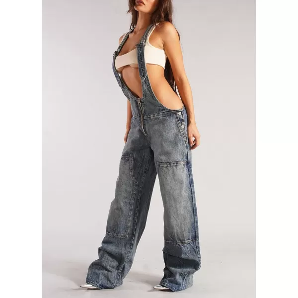 imagechouyatou Womens Sexy Adjustable Strap Denim Jumpsuit Casual Sleeveless High Waist Overalls Jeans PantsBlue