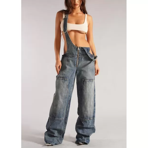 imagechouyatou Womens Sexy Adjustable Strap Denim Jumpsuit Casual Sleeveless High Waist Overalls Jeans PantsBlue