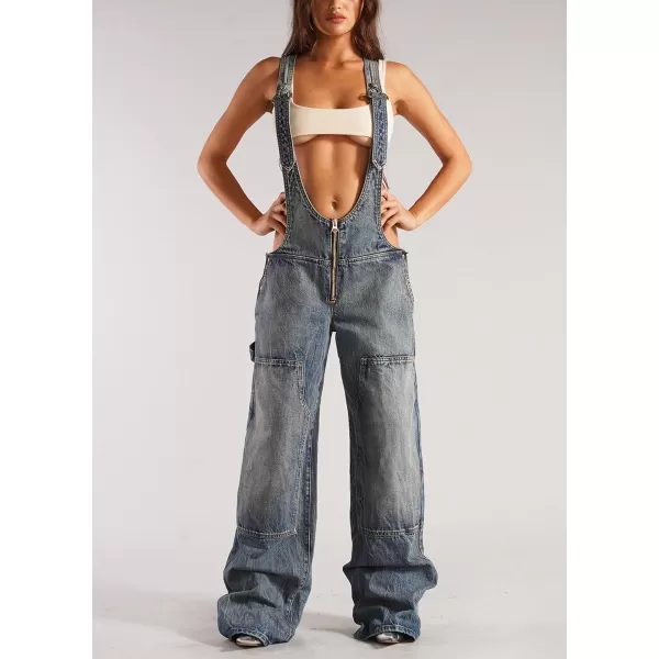 imagechouyatou Womens Sexy Adjustable Strap Denim Jumpsuit Casual Sleeveless High Waist Overalls Jeans PantsBlue