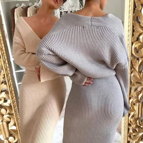 imagechouyatou Womens Two Piece Sweater Sets Off Shoulder Top Bodycon Skirt Sets 2 Piece OutfitsGrey
