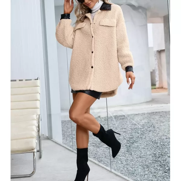 imagechouyatou Womens Warm Fuzzy Faux Leather Spliced Button Up Shirt Jacket Shacket CoatApricot