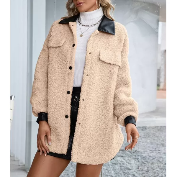 imagechouyatou Womens Warm Fuzzy Faux Leather Spliced Button Up Shirt Jacket Shacket CoatApricot