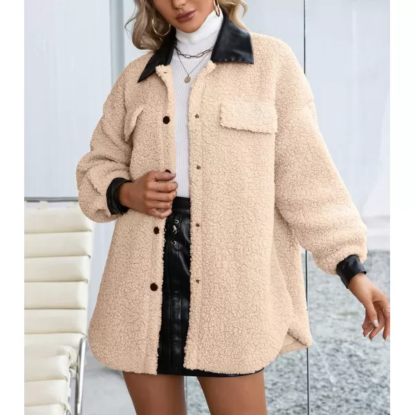 imagechouyatou Womens Warm Fuzzy Faux Leather Spliced Button Up Shirt Jacket Shacket CoatApricot