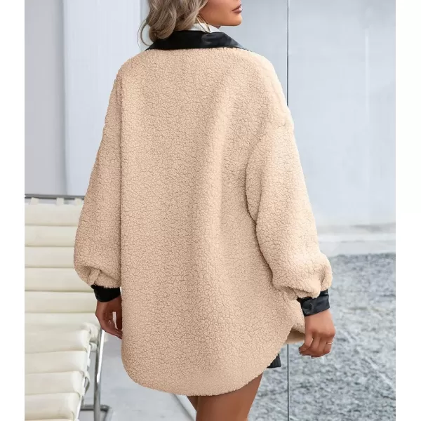 imagechouyatou Womens Warm Fuzzy Faux Leather Spliced Button Up Shirt Jacket Shacket CoatApricot