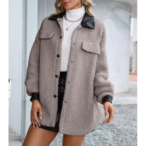 imagechouyatou Womens Warm Fuzzy Faux Leather Spliced Button Up Shirt Jacket Shacket CoatCoffee