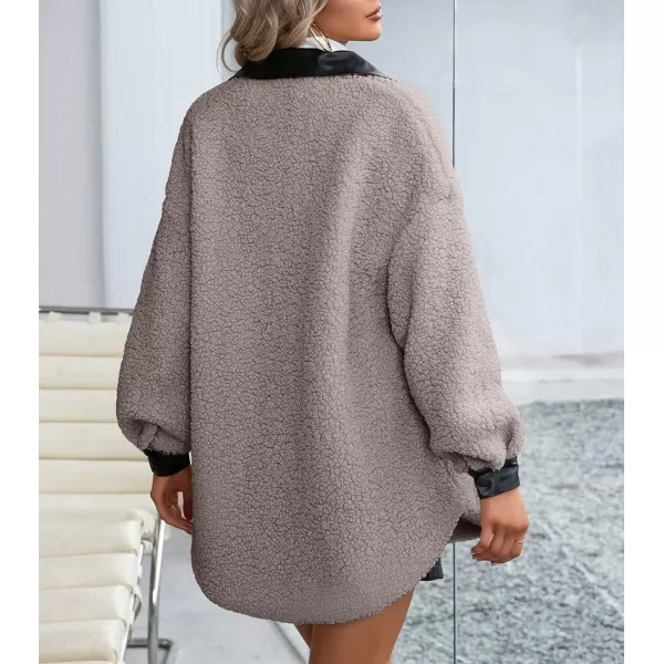 imagechouyatou Womens Warm Fuzzy Faux Leather Spliced Button Up Shirt Jacket Shacket CoatCoffee