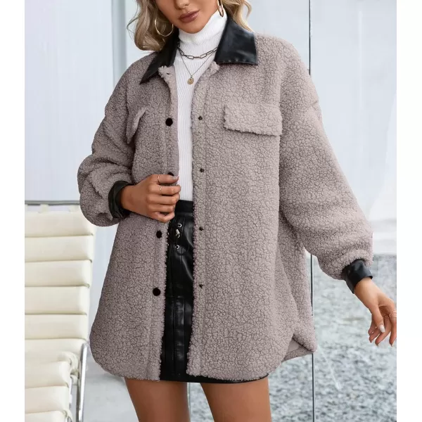imagechouyatou Womens Warm Fuzzy Faux Leather Spliced Button Up Shirt Jacket Shacket CoatCoffee