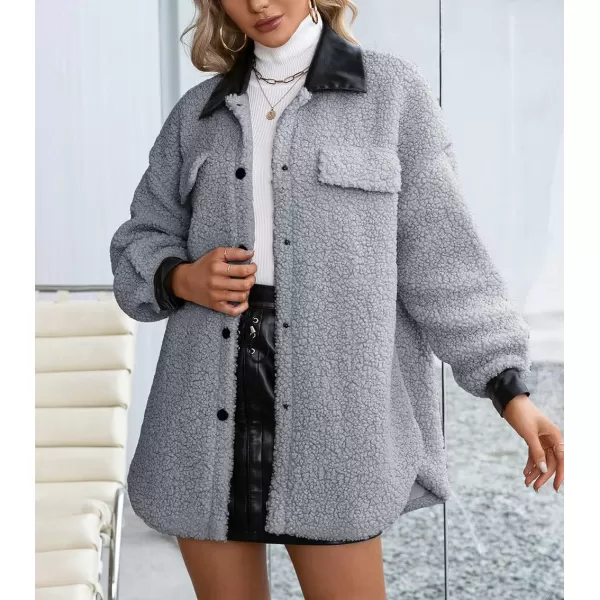 imagechouyatou Womens Warm Fuzzy Faux Leather Spliced Button Up Shirt Jacket Shacket CoatGrey