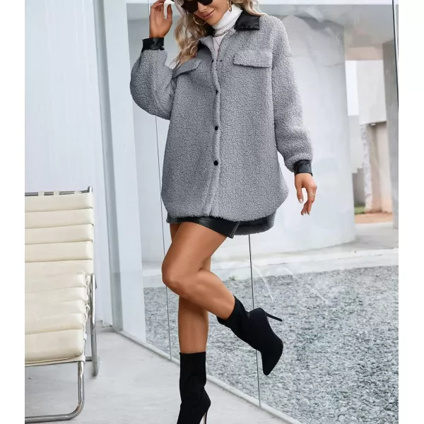 imagechouyatou Womens Warm Fuzzy Faux Leather Spliced Button Up Shirt Jacket Shacket CoatGrey