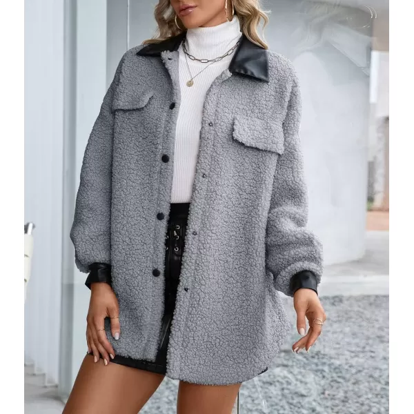 imagechouyatou Womens Warm Fuzzy Faux Leather Spliced Button Up Shirt Jacket Shacket CoatGrey