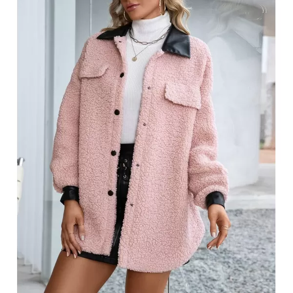 imagechouyatou Womens Warm Fuzzy Faux Leather Spliced Button Up Shirt Jacket Shacket CoatPink