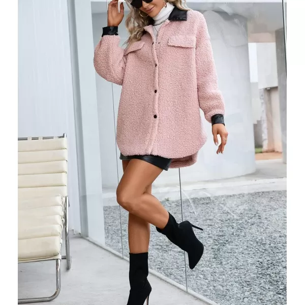 imagechouyatou Womens Warm Fuzzy Faux Leather Spliced Button Up Shirt Jacket Shacket CoatPink