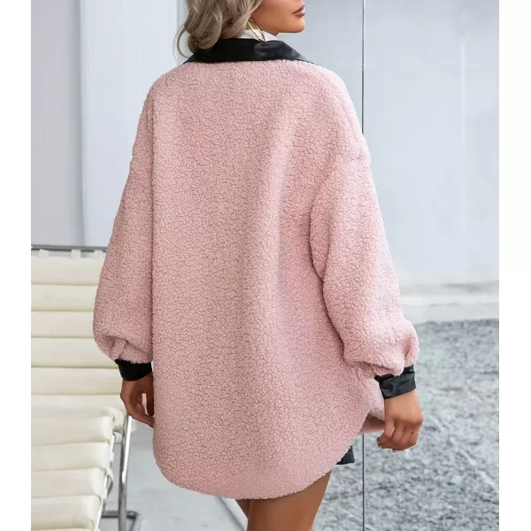 imagechouyatou Womens Warm Fuzzy Faux Leather Spliced Button Up Shirt Jacket Shacket CoatPink