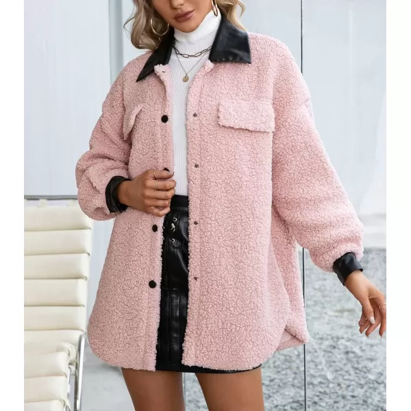 imagechouyatou Womens Warm Fuzzy Faux Leather Spliced Button Up Shirt Jacket Shacket CoatPink