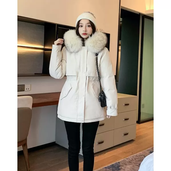 imagechouyatou Womens Windproof Quilted Sherpa Lined Faux Fur Hooded Parka Coat JacketBeige