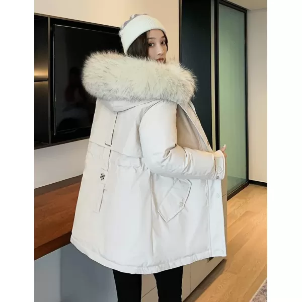 imagechouyatou Womens Windproof Quilted Sherpa Lined Faux Fur Hooded Parka Coat JacketBeige