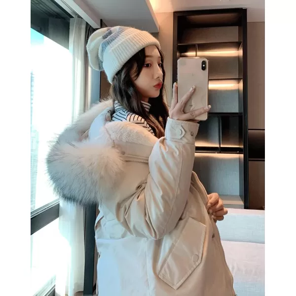 imagechouyatou Womens Windproof Quilted Sherpa Lined Faux Fur Hooded Parka Coat JacketBeige