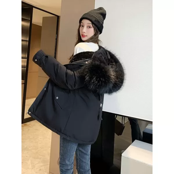 imagechouyatou Womens Windproof Quilted Sherpa Lined Faux Fur Hooded Parka Coat JacketBlack