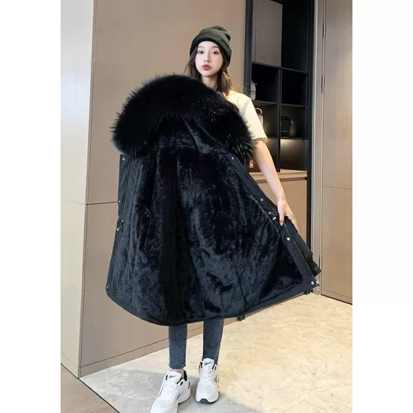 imagechouyatou Womens Windproof Quilted Sherpa Lined Faux Fur Hooded Parka Coat JacketBlack