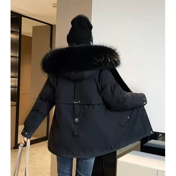 imagechouyatou Womens Windproof Quilted Sherpa Lined Faux Fur Hooded Parka Coat JacketBlack