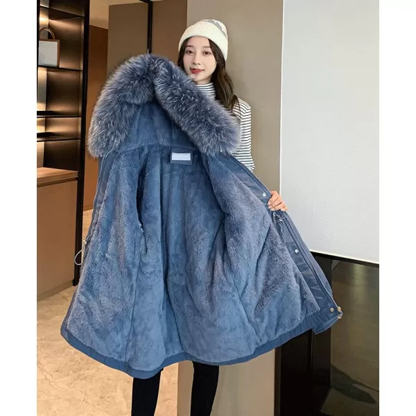 imagechouyatou Womens Windproof Quilted Sherpa Lined Faux Fur Hooded Parka Coat JacketBlue