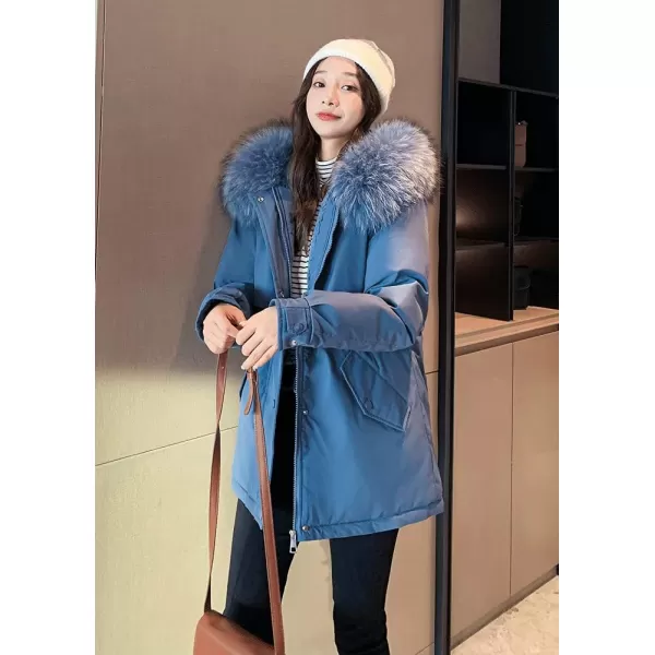imagechouyatou Womens Windproof Quilted Sherpa Lined Faux Fur Hooded Parka Coat JacketBlue