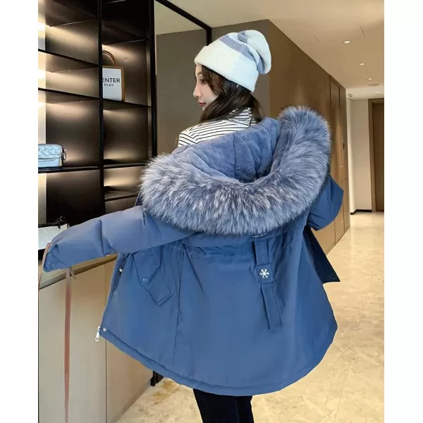 imagechouyatou Womens Windproof Quilted Sherpa Lined Faux Fur Hooded Parka Coat JacketBlue