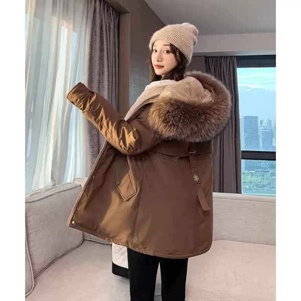 imagechouyatou Womens Windproof Quilted Sherpa Lined Faux Fur Hooded Parka Coat JacketCoffee