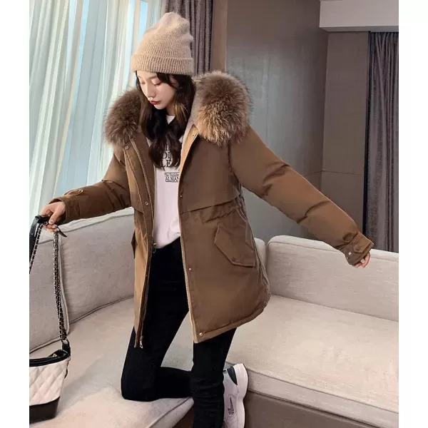 imagechouyatou Womens Windproof Quilted Sherpa Lined Faux Fur Hooded Parka Coat JacketCoffee