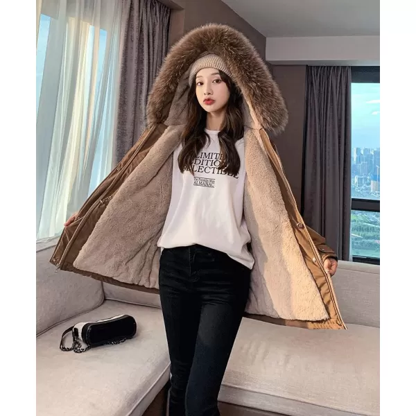 imagechouyatou Womens Windproof Quilted Sherpa Lined Faux Fur Hooded Parka Coat JacketCoffee