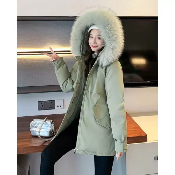 imagechouyatou Womens Windproof Quilted Sherpa Lined Faux Fur Hooded Parka Coat JacketGreen