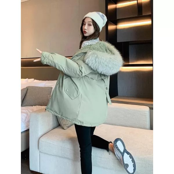 imagechouyatou Womens Windproof Quilted Sherpa Lined Faux Fur Hooded Parka Coat JacketGreen