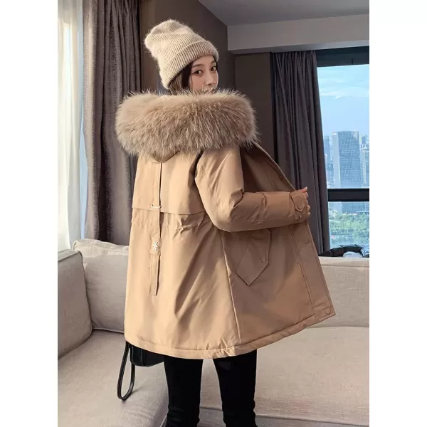 imagechouyatou Womens Windproof Quilted Sherpa Lined Faux Fur Hooded Parka Coat JacketKhaki