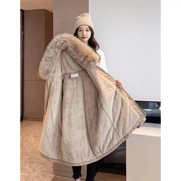 imagechouyatou Womens Windproof Quilted Sherpa Lined Faux Fur Hooded Parka Coat JacketKhaki