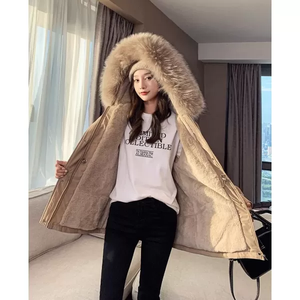 imagechouyatou Womens Windproof Quilted Sherpa Lined Faux Fur Hooded Parka Coat JacketKhaki