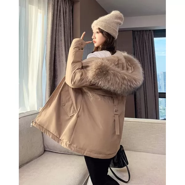 imagechouyatou Womens Windproof Quilted Sherpa Lined Faux Fur Hooded Parka Coat JacketKhaki