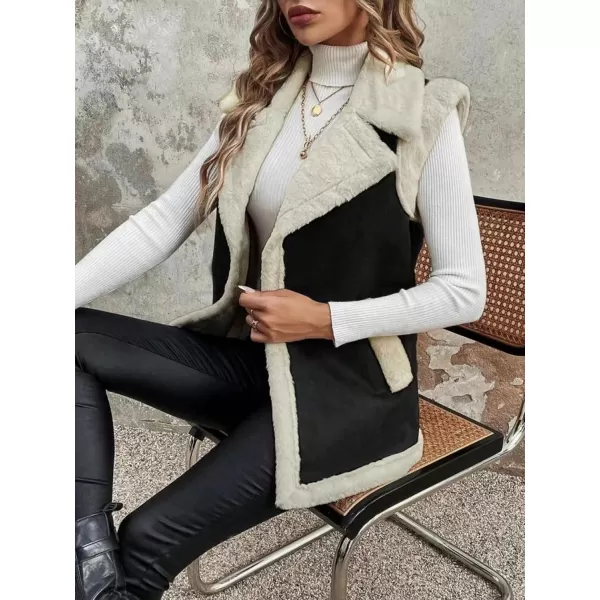 imagechouyatou Womens Winter Faux Suede Leather Vest Button Up Fuzzy Fleece Sleeveless Sherpa Jacket with PocketsBlack