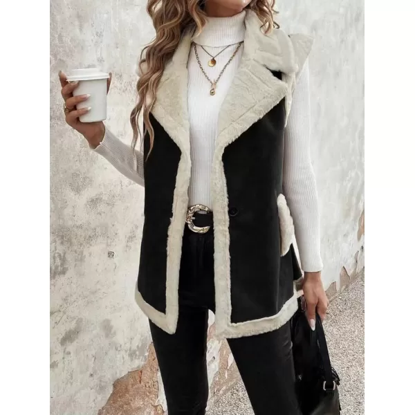 imagechouyatou Womens Winter Faux Suede Leather Vest Button Up Fuzzy Fleece Sleeveless Sherpa Jacket with PocketsBlack