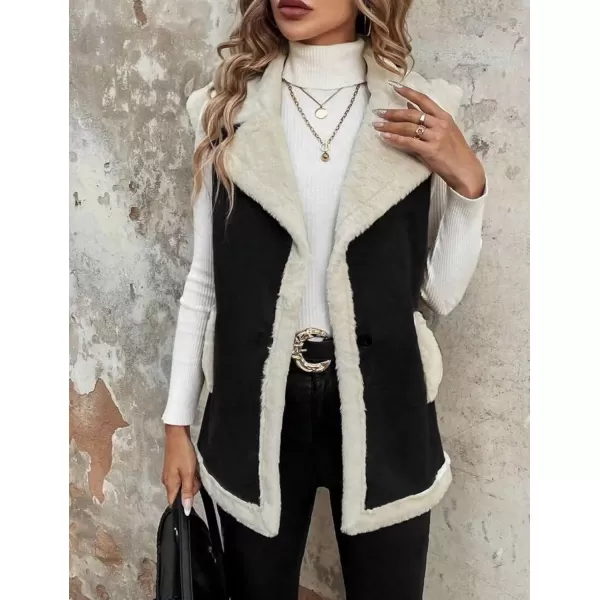 imagechouyatou Womens Winter Faux Suede Leather Vest Button Up Fuzzy Fleece Sleeveless Sherpa Jacket with PocketsBlack