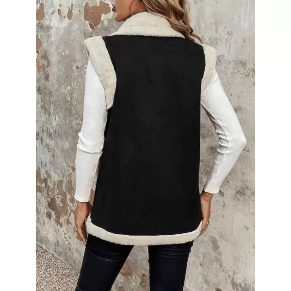 imagechouyatou Womens Winter Faux Suede Leather Vest Button Up Fuzzy Fleece Sleeveless Sherpa Jacket with PocketsBlack