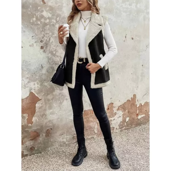 imagechouyatou Womens Winter Faux Suede Leather Vest Button Up Fuzzy Fleece Sleeveless Sherpa Jacket with PocketsBlack