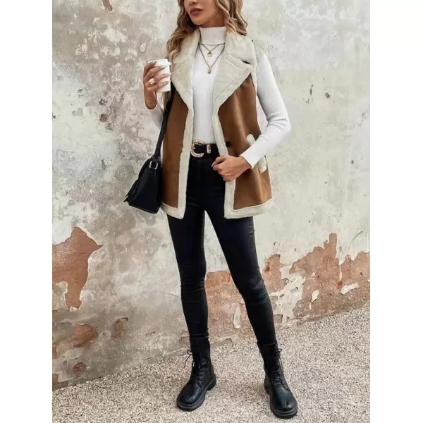 imagechouyatou Womens Winter Faux Suede Leather Vest Button Up Fuzzy Fleece Sleeveless Sherpa Jacket with PocketsBrown